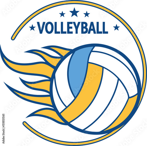 Volleyball logo with stars and flames in blue and yellow colors on a white background in vector format