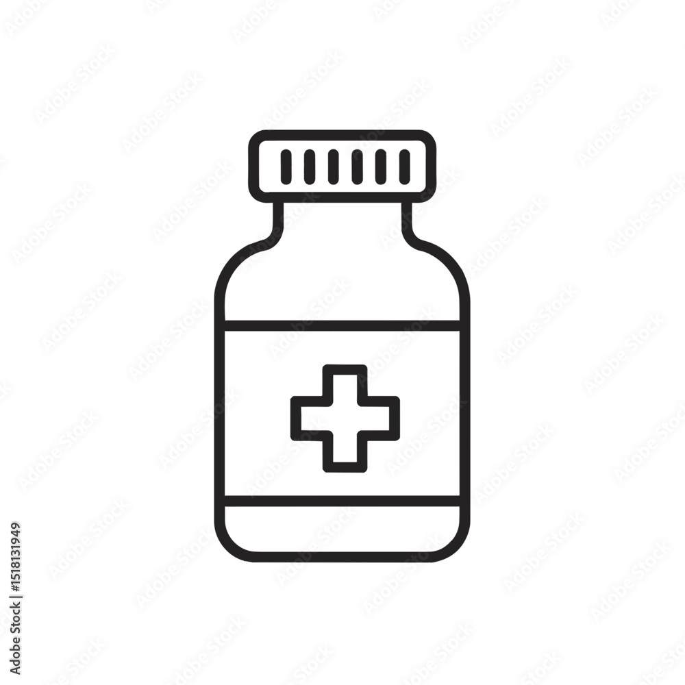 Medicine bottle with medical cross label in line art style, Suitable for pharmaceutical companies, medical institutions Medicine bottle with medical cross label in line art style, Suitable for pharmaceutical companies, medical institutions