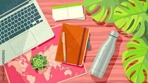 Flat lay of travel essentials: laptop, map, diary, water bottle, and tropical leaves on a wooden desk