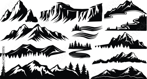Mountain Silhouette Vector Set, vintage hill peak outline for forest logo or nature landscape design, Majestic mountain peak illustration