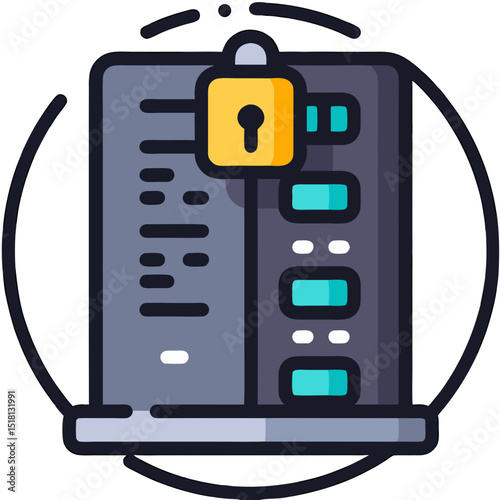 Secure Server Rack Icon with Golden Padlock and Data Protection.