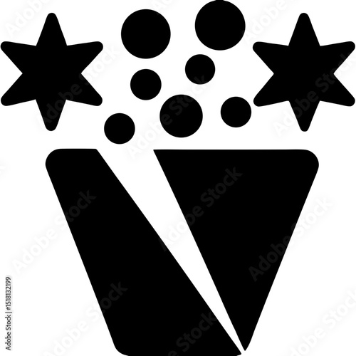 Stylized Magic Pot with Stars and Bubbles, Black Silhouette Icon