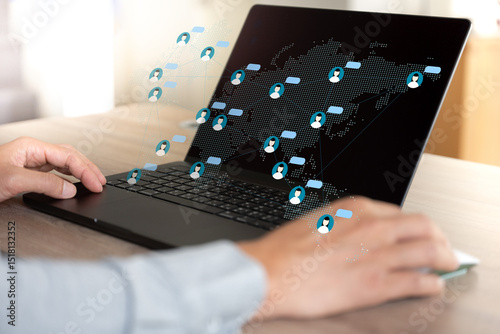 The Business man show floating screen of people are connecting around the world together with digital technology