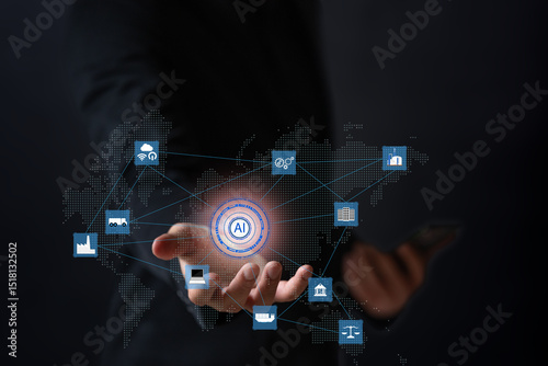 The Businees man show floating screen of all business around the world use AI help in business