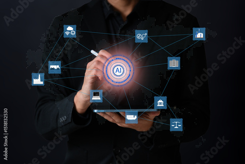 The Businees man show floating screen of all business around the world use AI help in business