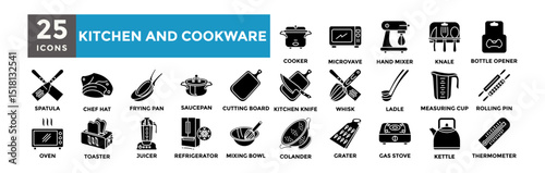 Kitchen and Cookware  icon collection set. Containing spatula, chef hat, frying pan, saucepan, cutting board