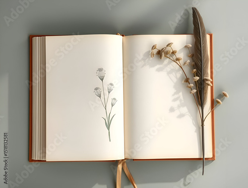 Old book mockup with a feather and aged papers.