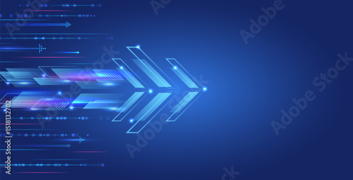 Abstract futuristic technology background with hexagonal shapes, glowing circuit lines and digital elements on blue gradient. Ideal for high-tech presentation, science fiction projects.