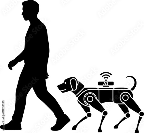 a bold black silhouette of a robotic dog with AI sensors walking beside a human