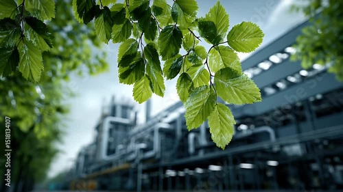 Lush green leaves in the foreground with an industrial facility backdrop, showcasing nature and technology