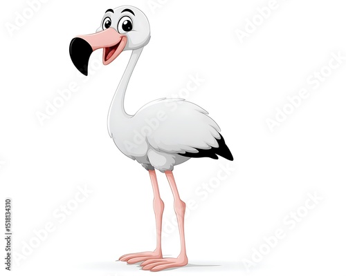 Cheerful cartoon flamingo, standing, white plumage, black wingtips, pink legs and beak