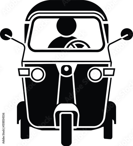 Vector silhouette of a tuk tuk auto rickshaw in three quarter front view, tuk tuk, auto rickshaw, rickshaw, three wheeler, taxi, transportation, travel, ride, vehicle, silhouette, black, white, vector