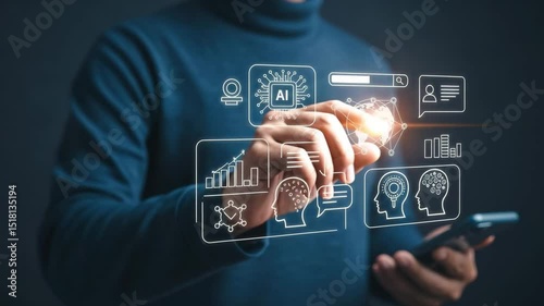 Person using a digital pen on a screen with ai icons and virtual data visualizations displayed