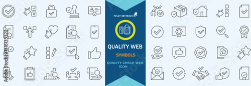 Quality control set of web icons in line style. Quality Check computing icons for web and mobile app. Containing inspection, evaluation, production, quality assurance, certificate, testing a