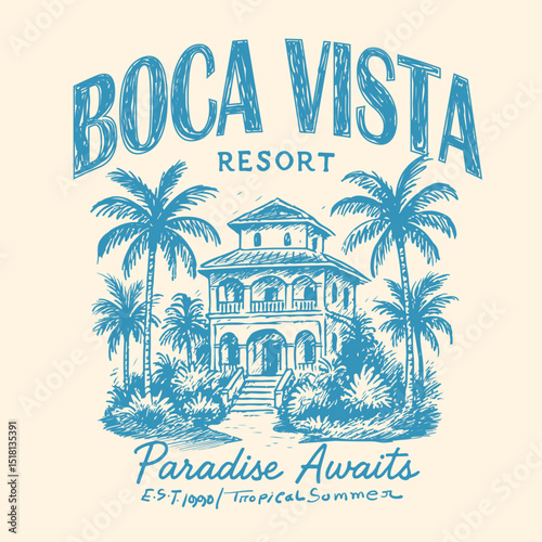Boca Vista Resort hand drawing. Tropical beach hotel vintage resort graphics. summer t-shirt design in vector. aloha inland for relax unwind. Hawaii vibes artwork .