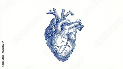 Detailed anatomical illustration of a human heart in blue ink on a white background