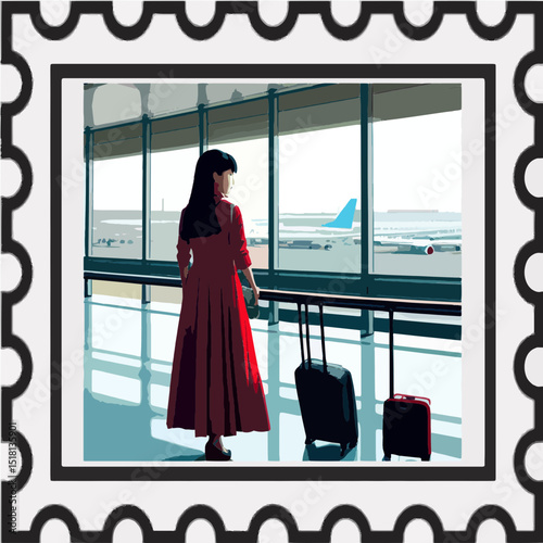 silhouette of a woman with travel begs at the window in airport vector illustration 