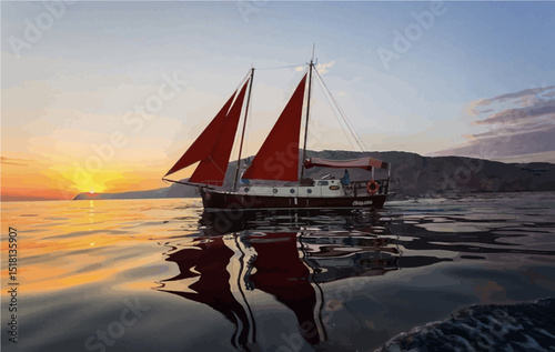 sailboat at sunset vector illustration 