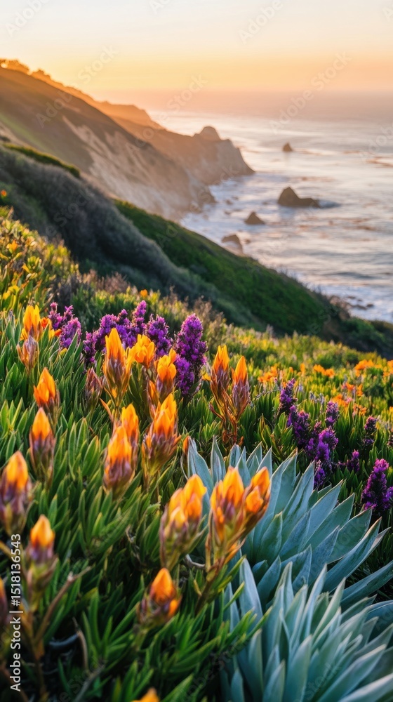 Fototapeta premium Coastal wildflowers bloom vibrantly along the rugged shoreline at sunset near the ocean