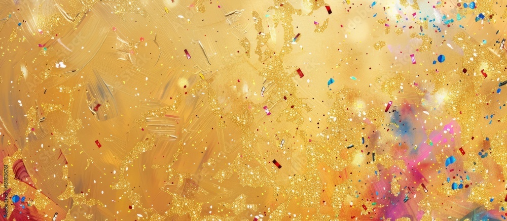 Obraz premium Golden confetti and ribbons falling on light beige background with sparkling particles and free place for text. New Year, Christmas, birthday, holiday celebration banner