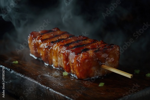 Grilled pork skewer charred glazed with soy and honey served on dark wooden board close-up