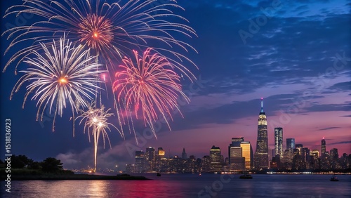 Spectacular fireworks light up the night sky above the impressive New York City skyline.