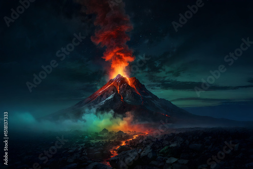 Erupting Volcano with Rainbow Lava Under a Night Sky Horizontal. Generative AI.