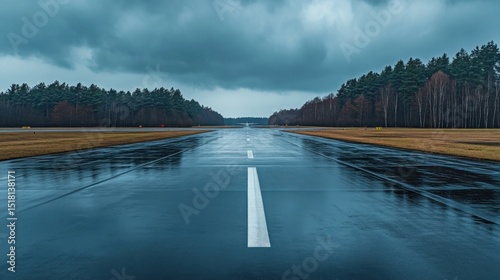 Empty runway under a stormy sky