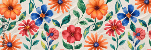 Watercolor Floral Pattern – Orange, Red & Blue Flowers on Cream Background

