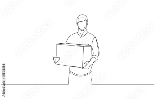 Continuous one line drawing of delivery courier man carries cardboard box package, One line delivery shipment worker people vector illustration.