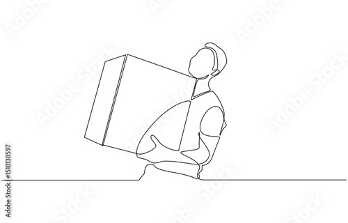 Continuous one line drawing of delivery courier man carries cardboard box package, One line delivery shipment worker people vector illustration.