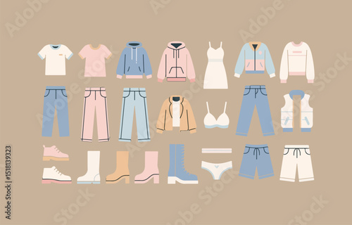 Collection of Fashionable Apparel and Footwear in Pastel Colors Including Shirts Hoodies Dresses Jeans Shorts Boots and Underwear on a Neutral Background