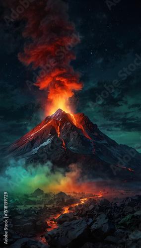 Erupting Volcano with Rainbow Lava Under a Night Sky Vertical. Generative AI.