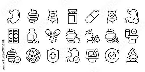 Digestion, intestine, stomach, and probiotics editable stroke outline icons set isolated on white background flat vector illustration.