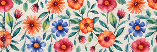 Watercolor Floral Pattern – Orange, Red & Blue Flowers on Cream Background

