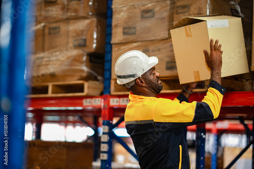 Man places cargo onto a shelf with care. He is responsible for sorting inventory in the storage area. Worker work in werehouse and logistic concept. photo