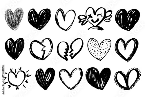 Grunge hearts icons. Scribble ink grunge different heart shapes. Doodle hearts icons set hand draw with markers. Love emblem in rough grungy style