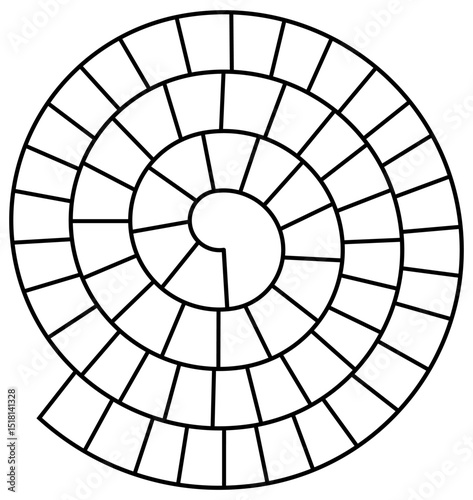 Spiral game board template for Game of the Goose in black and white line art. Clipart image.