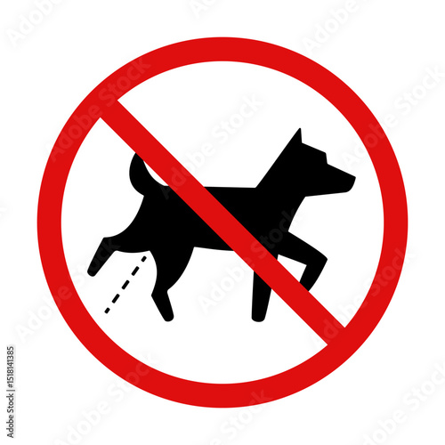 No-peeing-dog-warning-sign with red prohibition symbol and black silhouette of urinating dog. Clipart image isolated on background.