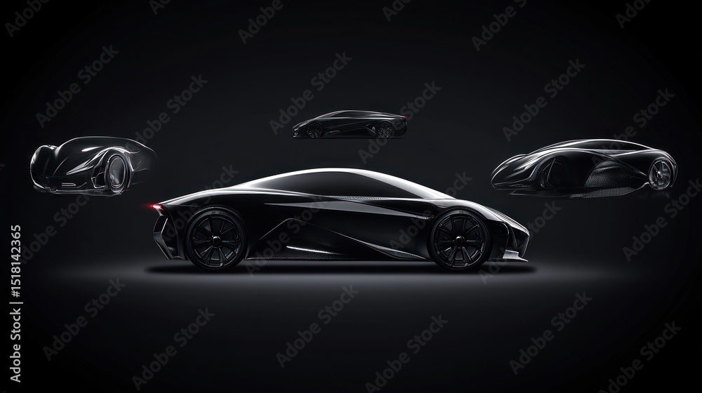 Fototapeta premium Futuristic black sports cars hover in a dark studio