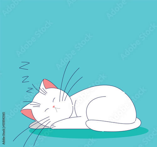 A Charming Sleeping Cat on a Beautiful Turquoise Background with Various Colorful Elements
