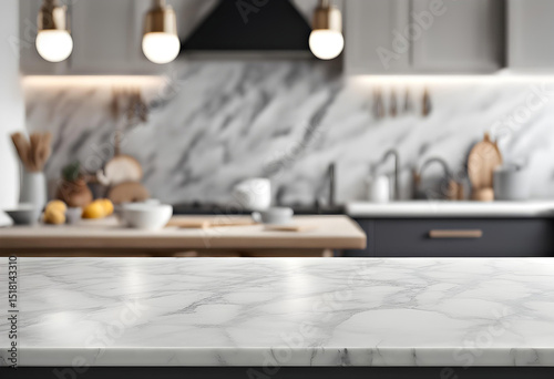 White marble kitchen counter with a blurry kitchen in the background. white marble table on blurred white modern background kitchen.