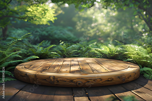Circular Wooden Platform for product display on a blurred green forest background. Wooden  table podium for product display on blurred forest background.
