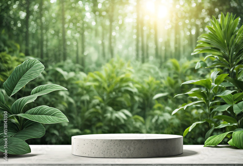 Stone white product podium on a blurred green forest background. Stone slabs for product display. Empty white round podium on a blurred forest background