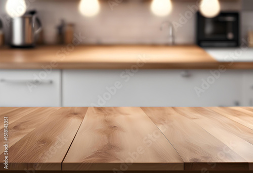 Beautiful natural wood table on blurred background kitchen. Wooden table on blurred background of kitchen interior and workplace. Empty wood table top and blur kitchen interior background