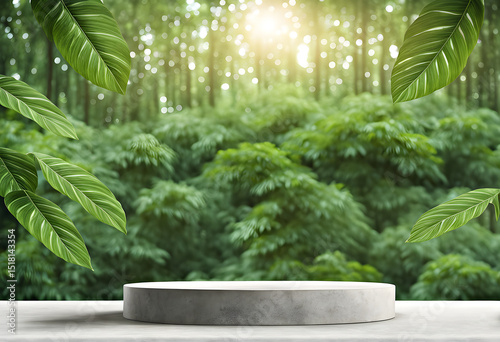 Stone white product podium on a blurred green forest background. Stone slabs for product display. Empty white round podium on a blurred forest background
