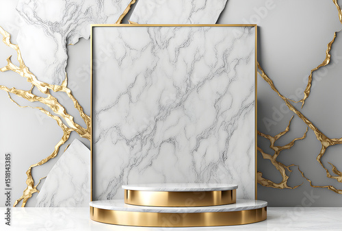 Luxury product presentation on a podium against a light grey and golden marble background. An Empty Product Platform With light grey and golden marble texture. Podium for product presentation.