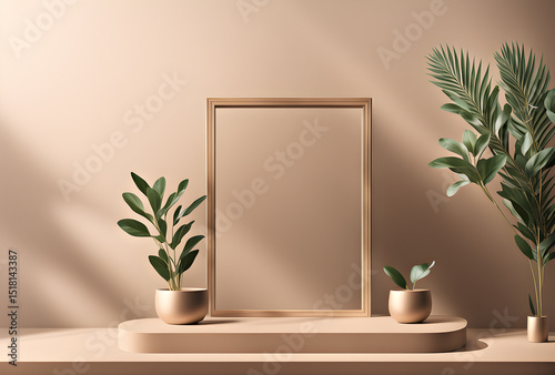 Luxury product presentation on a podium against a beige wall with green leaves. An Empty Product Platform With Soft Colors. Podium for product presentation.