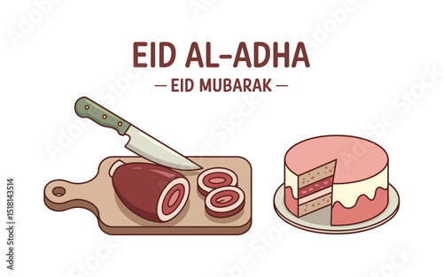 Eid Al-Adha Mubarak Festive Illustration of Cake and Meat