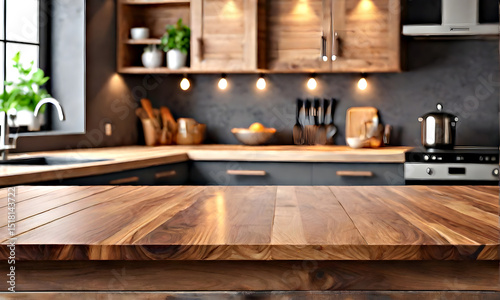 Beautiful natural wood table on blurred background kitchen. Wooden table on blurred background of kitchen interior and workplace. Empty wood table top and blur kitchen interior background